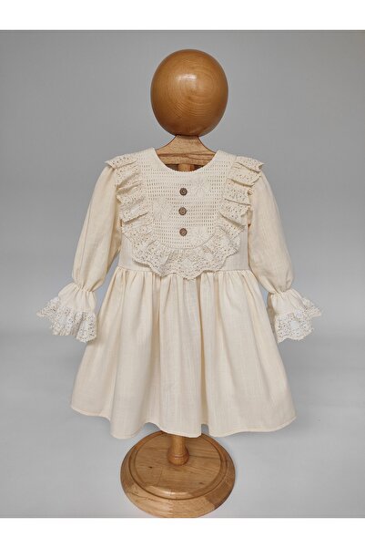 Baby Yakası Fırfırlı Pamuk Dantel Detaylı Düğmeli Kız Çocuk Elbise