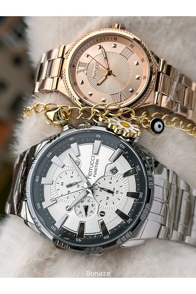 Ferrucci Silver Yellow Lover Wrist Watch with Rosary Bracelet Gift - Brand Steel Band