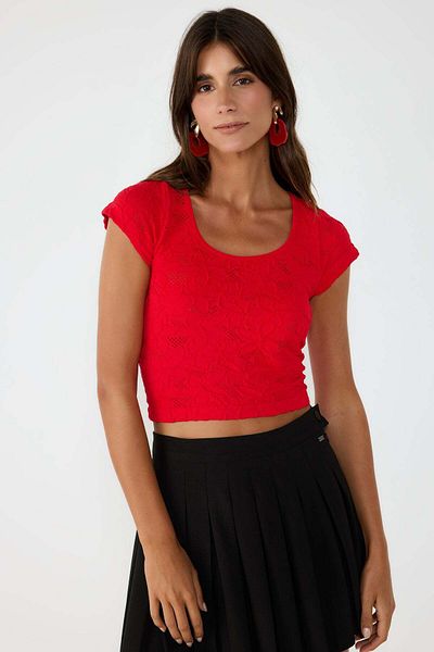 No Matter What Red Lace Short Sleeve Crop Top