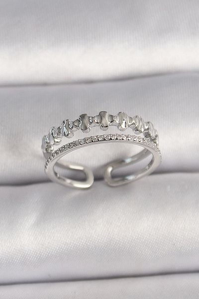 Clariss Brass Silver Color Zircon Stone Detailed Adjustable Women's Ring