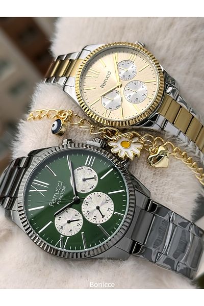 Ferrucci Smoked Color Steel Band - Silver Yellow Wristwatch & Rosary Bracelet Gift