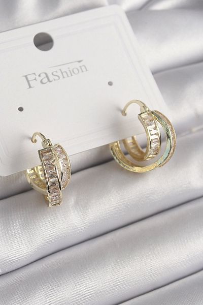 Clariss Brass Gold Color Zircon Stone Hoop Model Women's Earrings