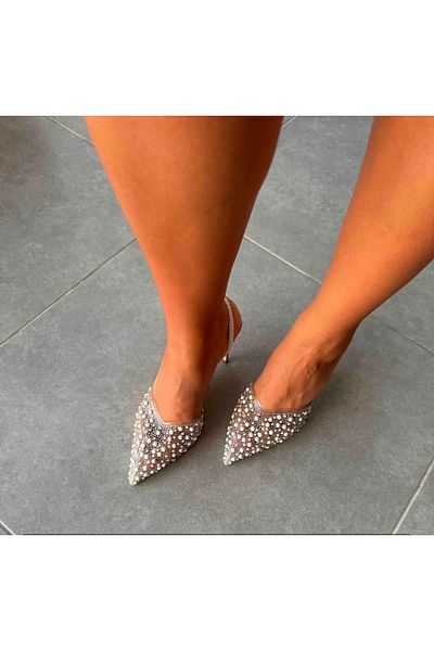 DC DONNA Stiletto de damă cu detaliu de perle - Pantofi cu spate deschis de 9 cm