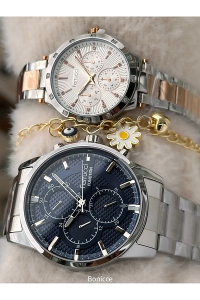 Ferrucci Silver Yellow Lover Wrist Watch with Rosary Bracelet Gift - Brand Steel Band