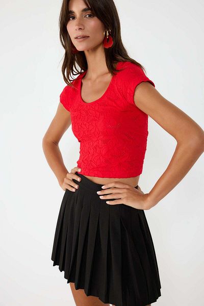 No Matter What Red Lace Short Sleeve Crop Top