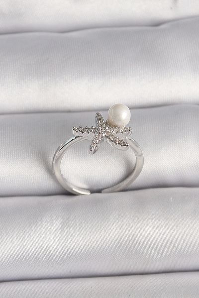 Clariss Brass Silver Color Zircon Stone Starfish Model Pearl Detail Adjustable Ring