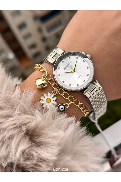 Ferrucci Silver Yellow Color Steel Band Women's Wrist Watch and Bracelet Set