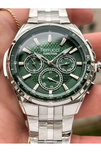 Ferrucci Silver Color Steel Band Functions Active Green Dial Men's Wrist Watch+Bracelet with Rosary Gift