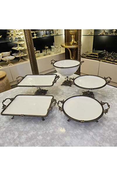 MaviDamla 6 Pieces Porcelain Presentation Set Antique with Handle Casted Edge Framed Foot