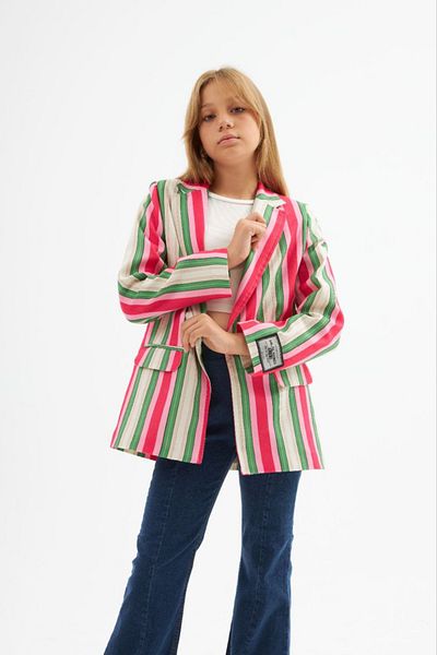 Marka Sensin Kids Girl's Colorful Striped Logo Detailed Special Design Blazer Jacket Flared Leg Pants 2 Piece Set