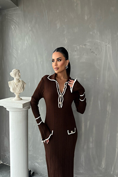 kamacibutik Rochie tricotată cu mâneci volante cu guler polo (compatibilă cu mărimea standard S/M/L/XL)