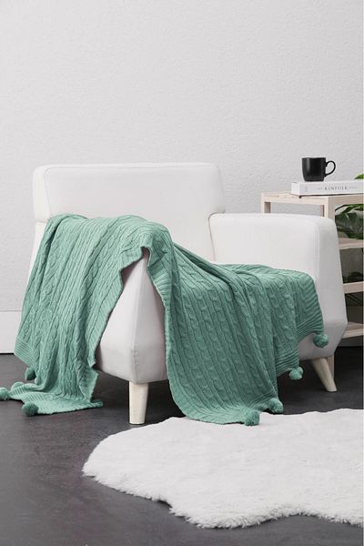 ART ÇEYİZ Pompom Knitted Knitted Tv Blanket (Sofa Shawl)