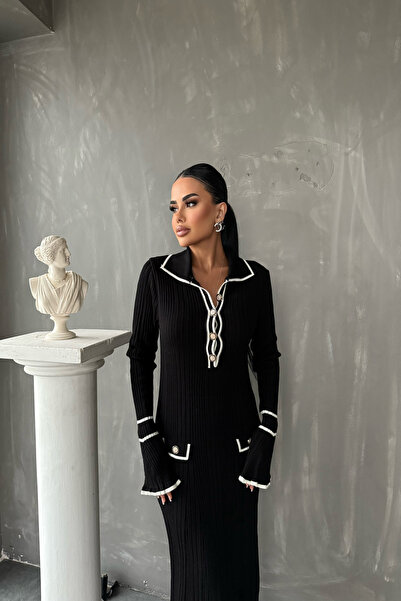 KAMACI BUTİK Πλεκτό φόρεμα με γιακά πόλο, ριγέ και μανίκια βολάν