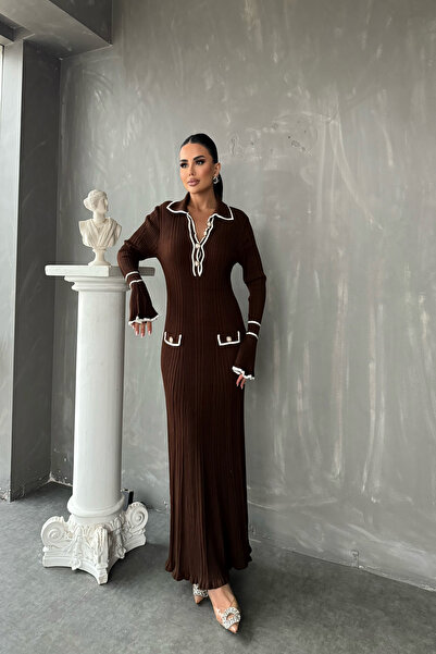 kamacibutik Rochie tricotată cu mâneci volante cu guler polo (compatibilă cu mărimea standard S/M/L/XL)