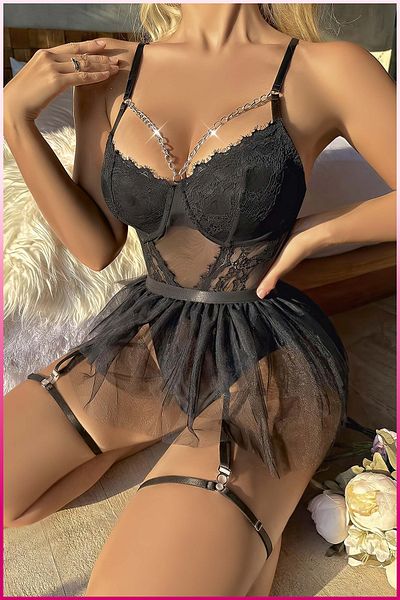 Veille Set cămașă de noapte cu lanț neagră - Lenjerie erotică sexy Bdsm pentru femei