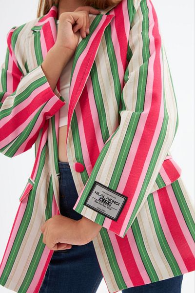 Marka Sensin Kids Girl's Colorful Striped Logo Detailed Special Design Blazer Jacket Flared Leg Pants 2 Piece Set