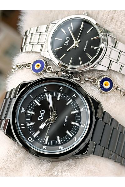 Q&Q Black - Silver Color Steel Band, Lover's Watch + Bracelet Rosary