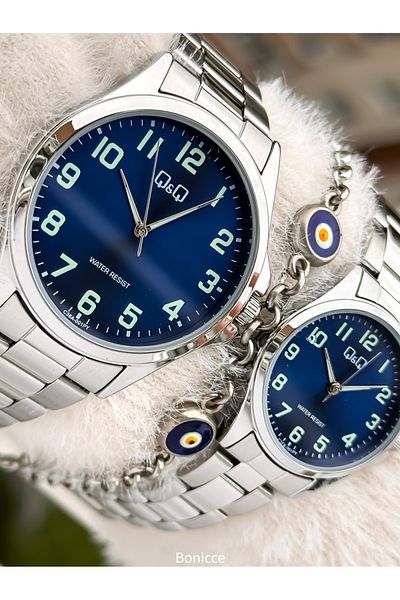 Q&Q Brand Silver Color Steel Band, Navy Blue Dial, Numeral Lover Watch + Bracelet Prayer Beads