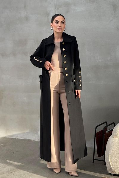 Olcay Black Cashmere Coat - Metal Button and Bag Pocket Detail 3086