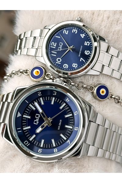 Q&Q Brand Silver Color Steel Band, Navy Blue Dial, Numeral Lover Watch + Bracelet Prayer Beads