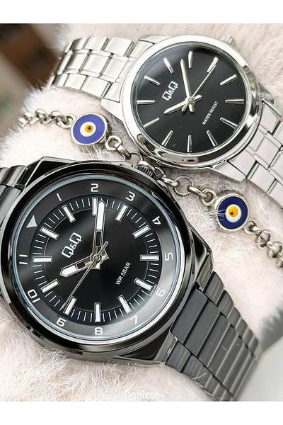 Q&Q Black - Silver Color Steel Band, Lover's Watch + Bracelet Rosary