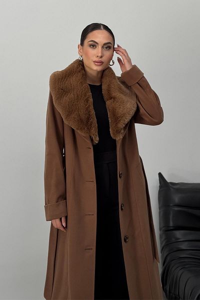 Olcay Men's Coat - Detachable Fur and Belted Collar, Taba 3015-Y