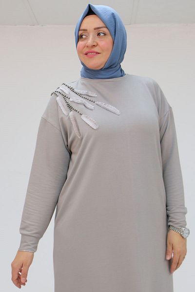 Eslina 48117 Plus Size Embroidered Crystal Long Tunic - Gray
