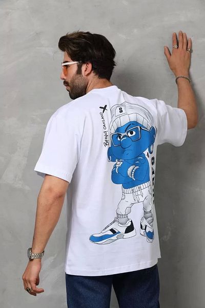 YALÇIN White Unisex Oversize Printed Crew Neck T-Shirt