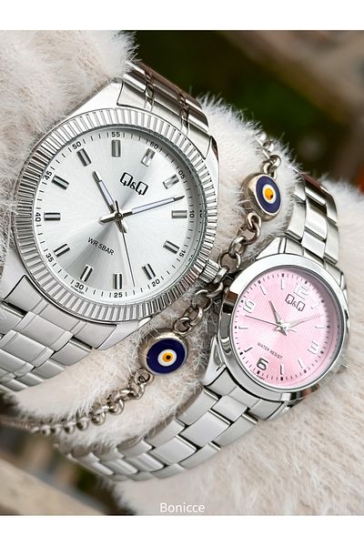 Q&Q Brand Silver Color Steel Band, White - Pink Dial, Lover's Watch + Bracelet Rosary