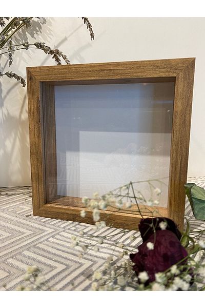 Sevcan sanat atölyesi Кутия за спомени 20x20x3 от атлантически бор FLAT със стъкло и рамка за годежно цвете в дълбочина
