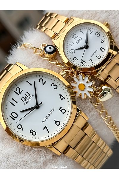 Q&Q Brand Yellow Color Steel Band, White Dial, Lover's Watch + Bracelet Rosary
