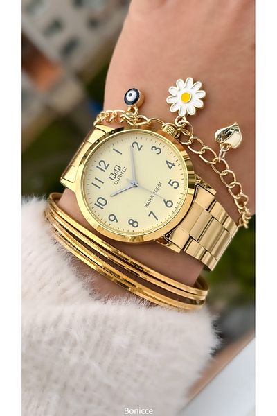 Q&Q Women's Watch with Yellow Steel Band and Bracelet Gift - 38 mm Case Diameter