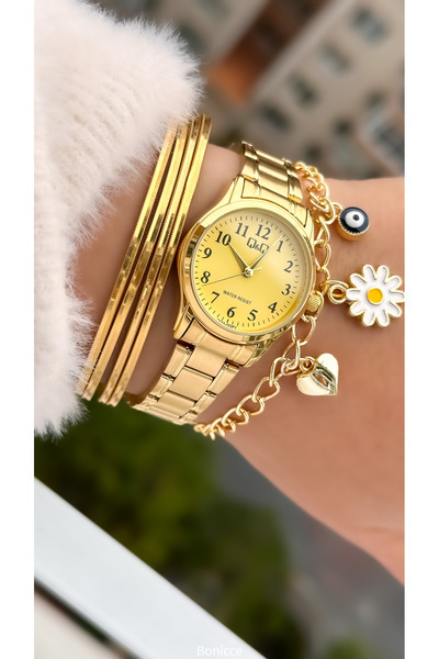 Q&Q Women's Yellow Vintage Wrist Watch - Steel Band, Numeral Dial, Bracelet Gift