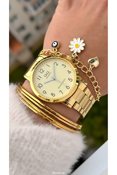 Q&Q Women's Watch with Yellow Steel Band and Bracelet Gift - 38 mm Case Diameter
