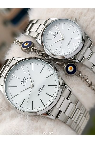 Q&Q Brand Yellow Color Steel Band, White Dial, Lover's Watch + Bracelet Rosary