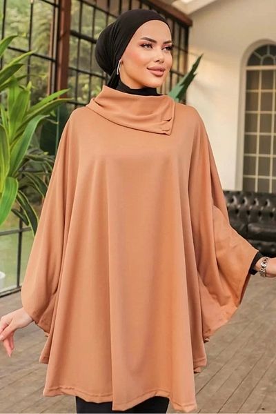 Modibou Home Stylish Designed Beige Shawl Collar Poncho with Button Detail (Gc)