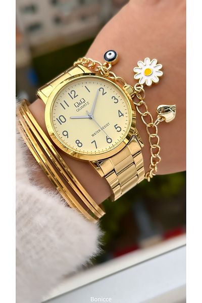Q&Q Women's Watch with Yellow Steel Band and Bracelet Gift - 38 mm Case Diameter