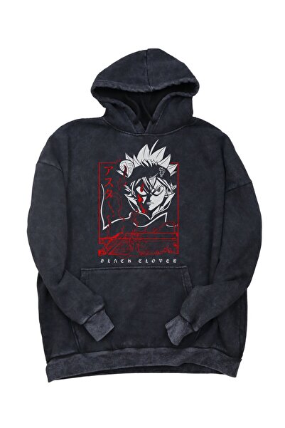 Fuddy Moda Hanorac oversize unisex cu glugă, cu imprimeu Clover, negru