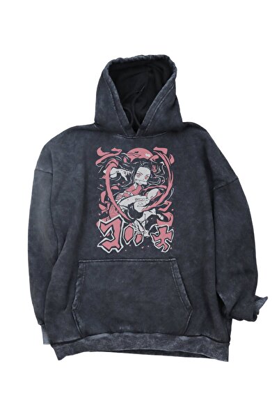 Fuddy Moda Hanorac oversize unisex cu glugă cu imprimeu Demon Slayer Nezuko