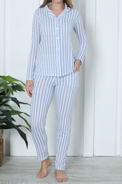 Nicoletta Women's Long Sleeve Cotton Pajamas Set - Blue with Buttons and Pockets