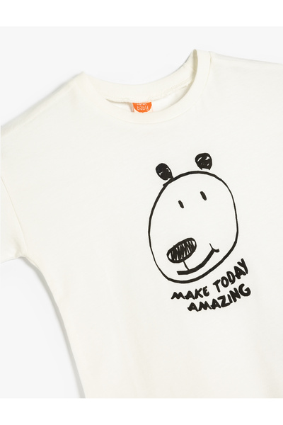 Koton Ανδρικό μπλουζάκι με λαιμόκοψη με στάμπα εκρού 5SMB10076TK-A