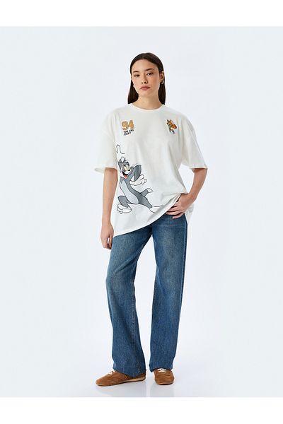 Koton Dámské tričko Tom And Jerry Printed Ecru 5sal10269ık