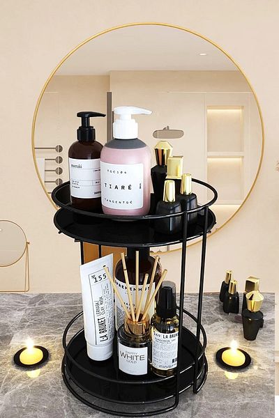 Sas Haus Bathroom Cosmetic Jewelry Organizer Multi-Purpose Organizer 2-Tier Serving Presentation Tray Treat Holder Black