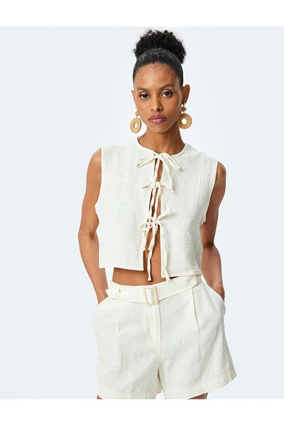 Koton Cotton Front Tie Bow Crew Neck Crop Vest
