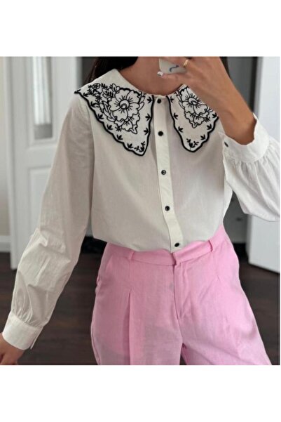 Astrea Butik VINTAGE قميص قطني أسود مزين بالزهور