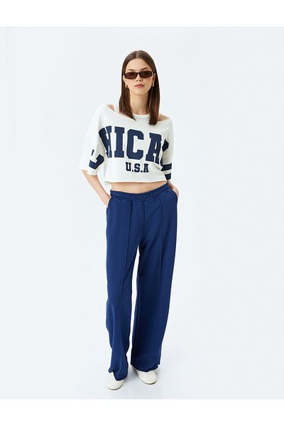 Koton Boat Neck Crop Short Sleeve College Printed Casual Fit T-Shirt