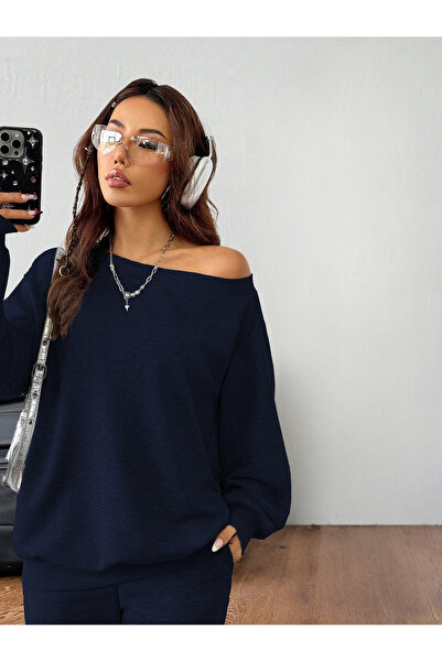 Butik Μπλε ναυτικό φαρδύ φαρδύ γιακά ψηλόμεσο παντελόνι με φούτερ