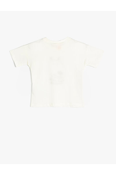 Koton Ανδρικό μπλουζάκι με λαιμόκοψη με στάμπα εκρού 5SMB10076TK-A