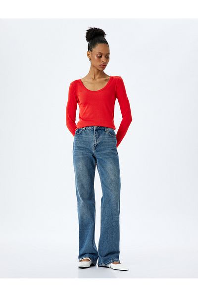 Koton Cotton Long Sleeve U-Neck Slim Fit Ribbed T-Shirt
