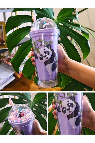 BiTon Toptan Panda Themed Cute Double Layer 450 ml Mica Flask - Purple 2770